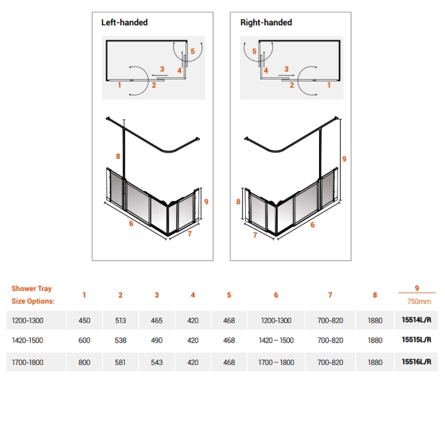 AKW Option SX Sliding Shower Screen 1200-1300mm x 700-820mm - Right Handed  | Dimension Image