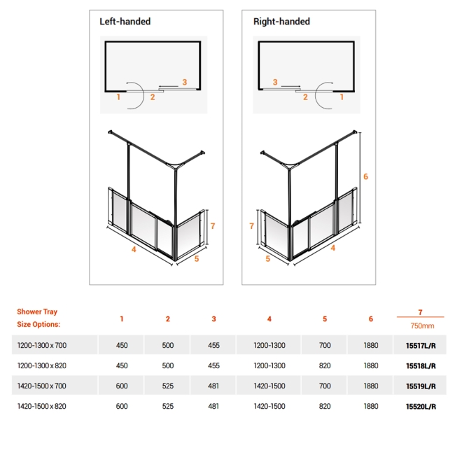 AKW Option SY Sliding Shower Screen 1200-1300mm x 700mm - Left Handed  | Dimension Image