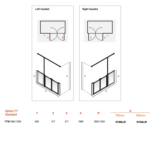 AKW Option TTW 750 Wet Floor Screen 1800mm Wide - Right Handed  | Dimension Image