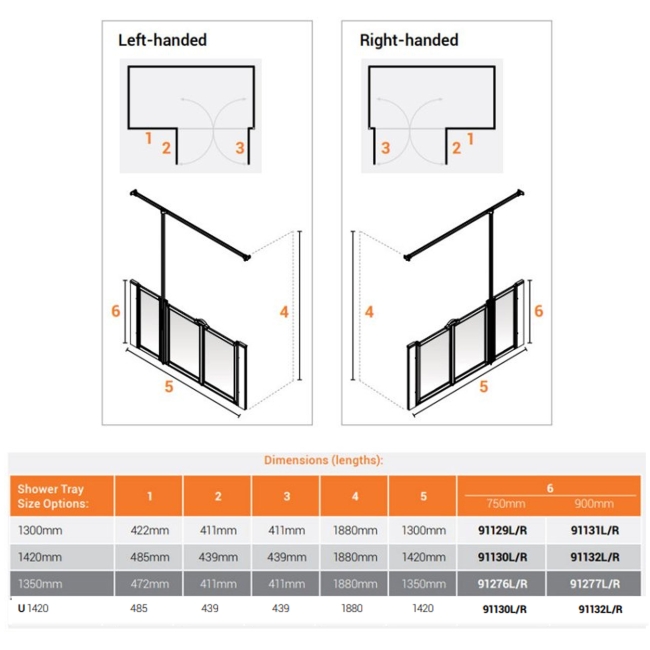 AKW Option U 750 Shower Screen 1420mm Wide - Right Handed  | Dimension Image