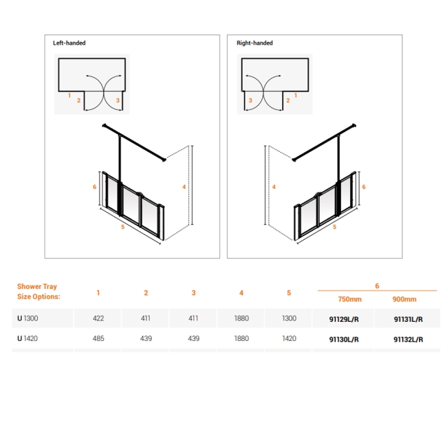 AKW Option U 900 Shower Screen 1300mm Wide - Left Handed  | Dimension Image