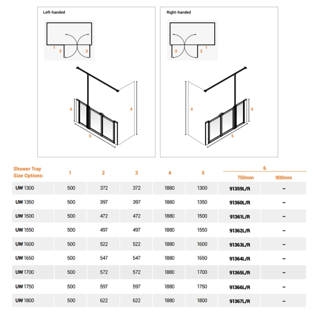 AKW Option UW 750 Wet Floor Screen 1700mm Wide - Left Handed  | Dimension Image