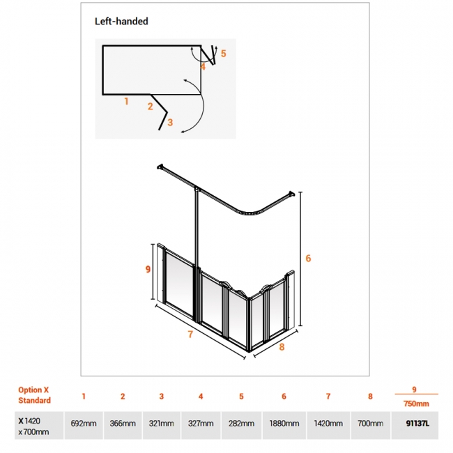 AKW Option X 750 Shower Screen 1420mm x 700mm - Left Handed  | Dimension Image