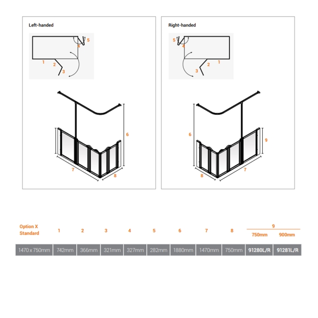 AKW Option X 750 Shower Screen 1470mm x 750mm - Right Handed  | Dimension Image