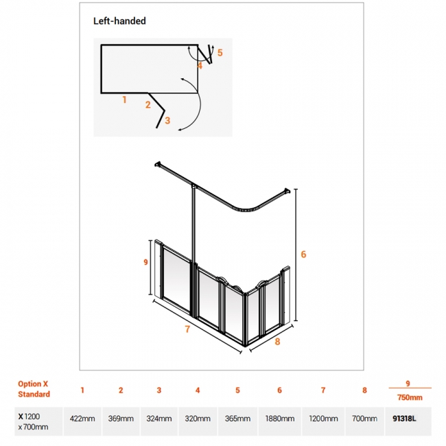 AKW Option X 750 Shower Screen 1200mm x 700mm - Left Handed