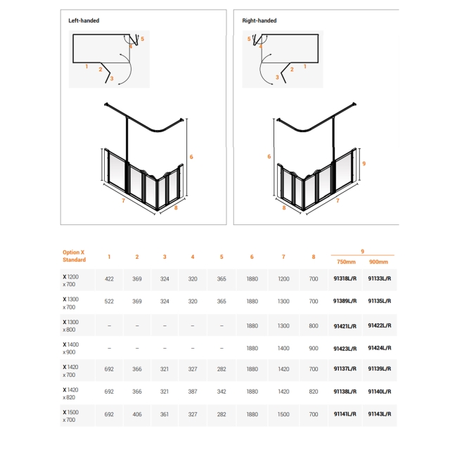 AKW Option X 750 Shower Screen 1470mm x 750mm - Left Handed  | Dimension Image