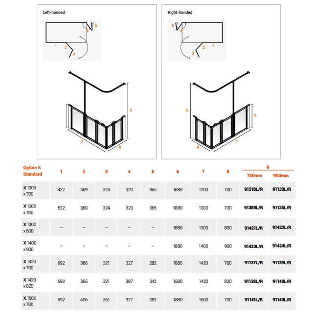 AKW Option X 750 Shower Screen 1500mm x 700mm - Left Handed  | Dimension Image
