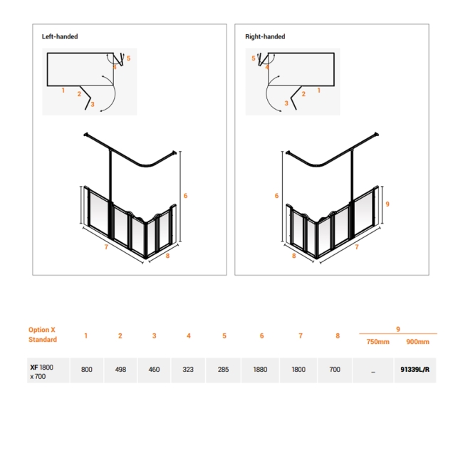 AKW Option XF 900 Shower Screen 1800mm x 700mm - Left Handed  | Dimension Image