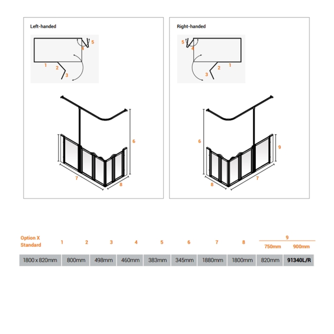 AKW Option XF 900 Shower Screen 1800mm x 820mm - Left Handed  | Dimension Image
