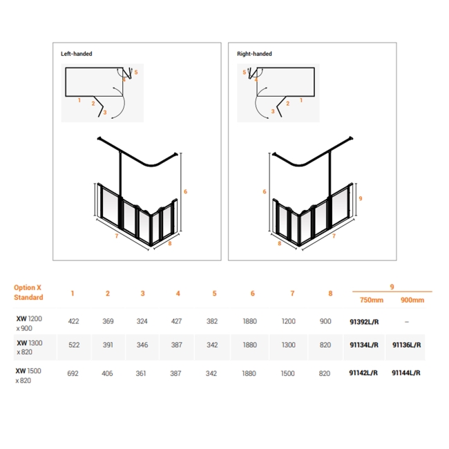 AKW Option XW 750 Wet Floor Screen 1200mm x 900mm - Left Handed  | Dimension Image
