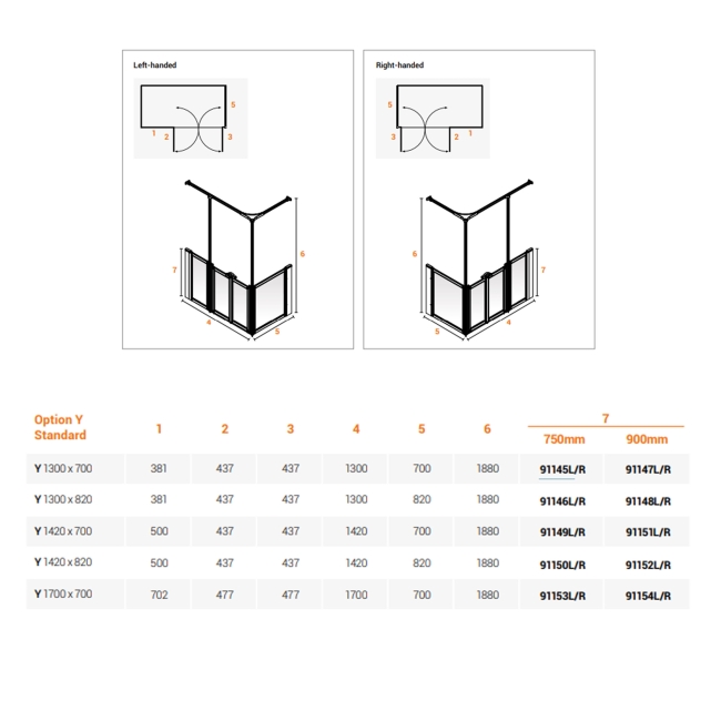 AKW Option Y 900 Shower Screen 1700mm x 700mm - Right Handed  | Dimension Image