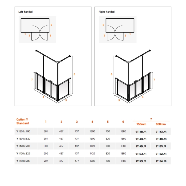 AKW Option Y 900 Shower Screen 1420mm x 700mm - Right Handed  | Dimension Image