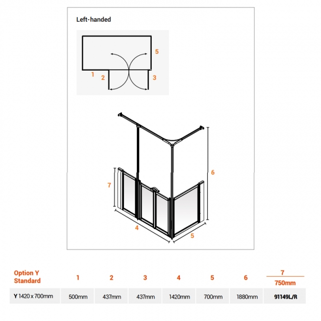 AKW Option Y 750 Shower Screen 1420mm x 700mm - Left Handed