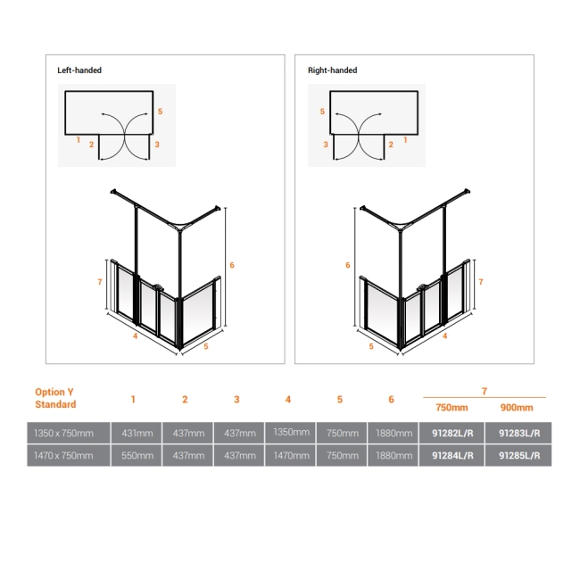 AKW Option Y 750 Shower Screen 1350mm x 750mm - Right Handed  | Dimension Image