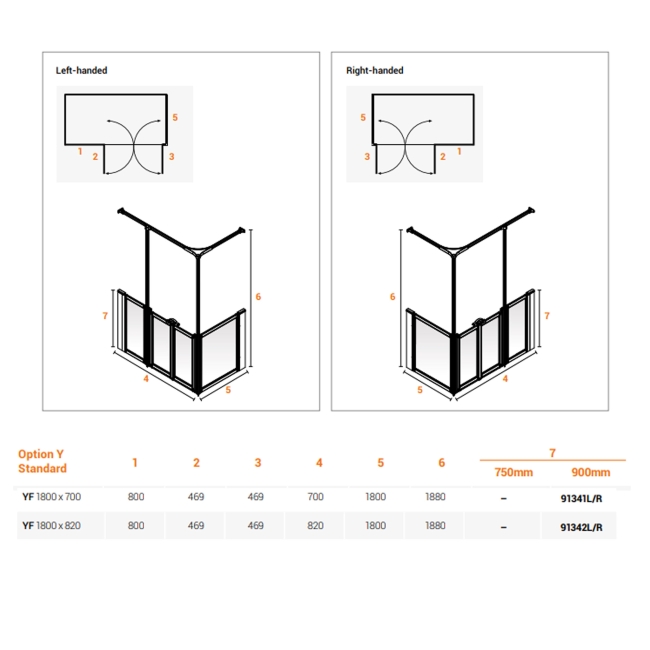 AKW Option Y 900 Shower Screen 1800mm x 700mm - Left Handed  | Dimension Image