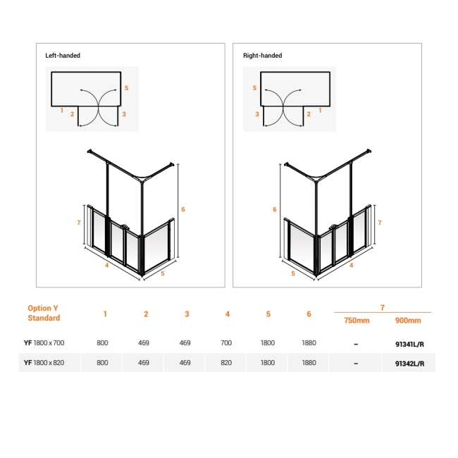 AKW Option YF 900 Shower Screen 1800mm x 700mm - Left Handed  | Dimension Image