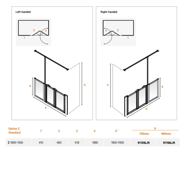 AKW Option Z 750 Shower Screen 1800mm Wide - Right Handed  | Dimension Image