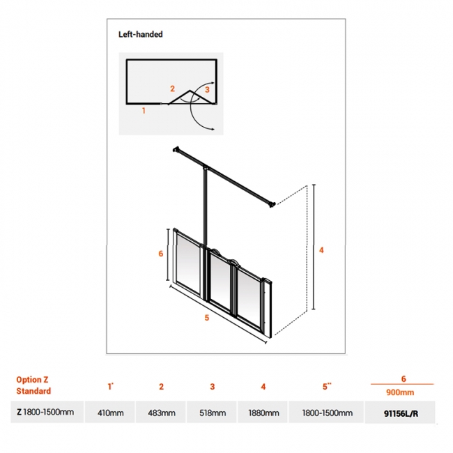 AKW Option Z 900 Shower Screen 1800mm Wide - Left Handed