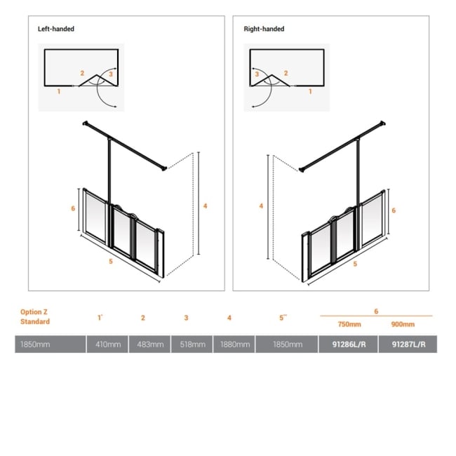 AKW Option Z 750 Shower Screen 1850mm Wide - Left Handed  | Dimension Image