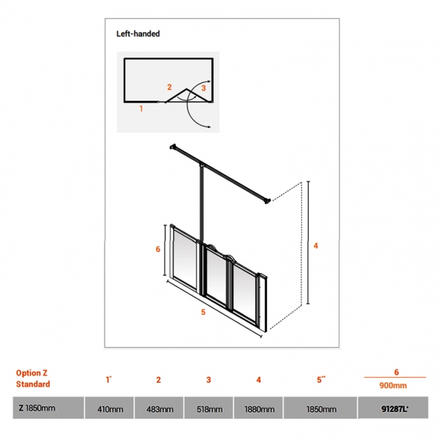 AKW Option Z 900 Shower Screen 1850mm Wide - Left Handed  | Dimension Image