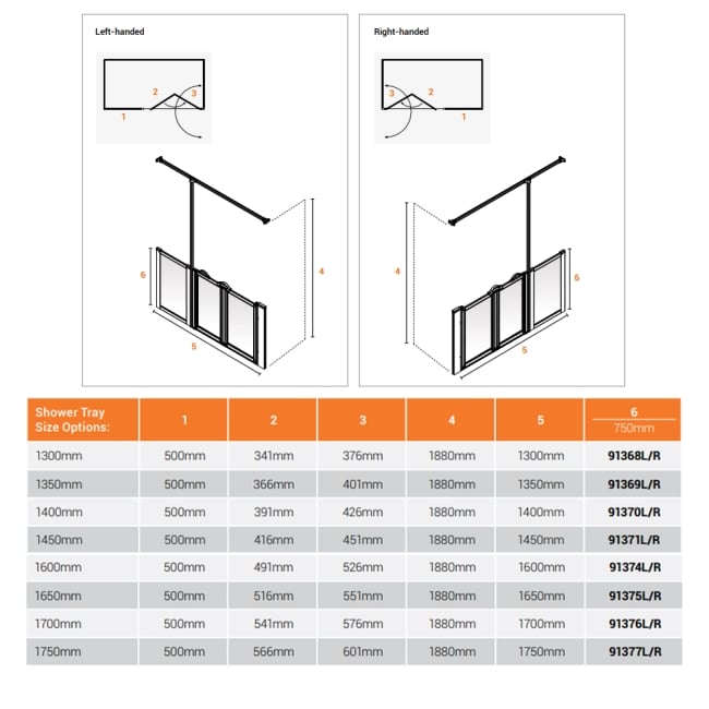 AKW Option ZUW 750 Wet Floor Screen 1300mm Wide - Right Handed  | Dimension Image