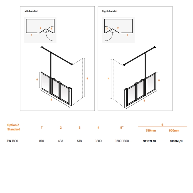 AKW Option ZW 750 Wet Floor Screen 1800mm Wide - Left Handed  | Dimension Image