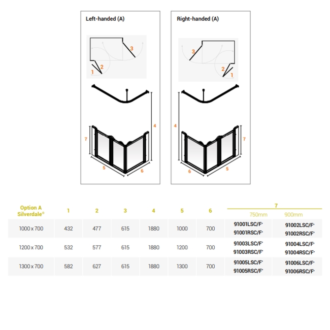 AKW Silverdale Clear Option A 750 Shower Screen 1200mm x 700mm - Left Handed  | Dimension Image
