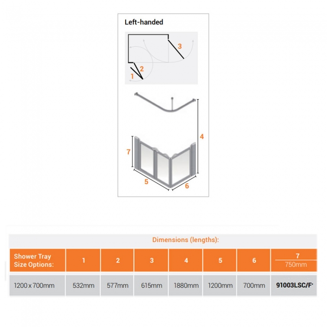 AKW Silverdale Clear Option A 750 Shower Screen 1200mm x 700mm - Left Handed  | Dimension Image