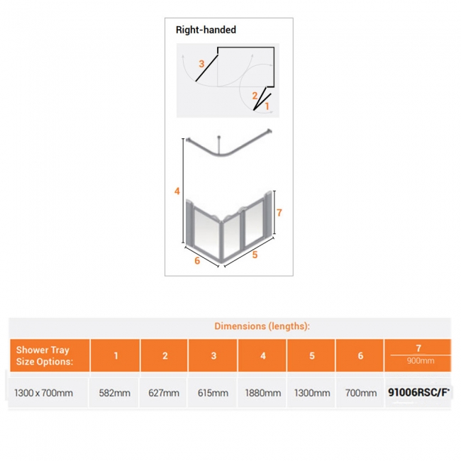 AKW Silverdale Clear Option A 900 Shower Screen 1300mm x 700mm - Right Handed  | Dimension Image