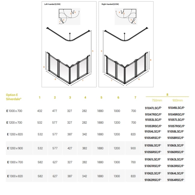 AKW Silverdale Clear Option E 900 Shower Screen 1200mm x 900mm - Left Handed  | Dimension Image