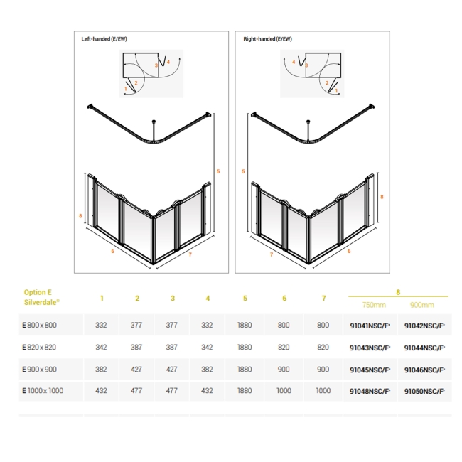 AKW Silverdale Clear Option E 750 Shower Screen 900mm x 900mm  | Dimension Image