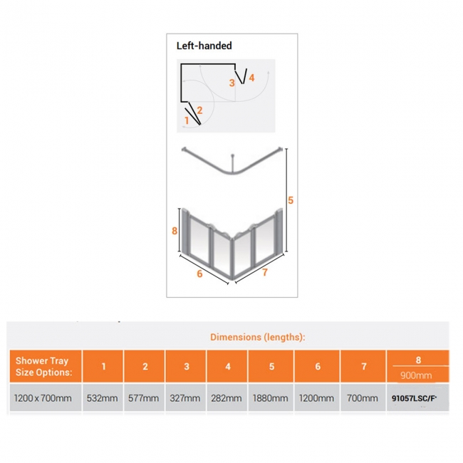 AKW Silverdale Clear Option E 900 Shower Screen 1200mm x 700mm - Left Handed  | Dimension Image
