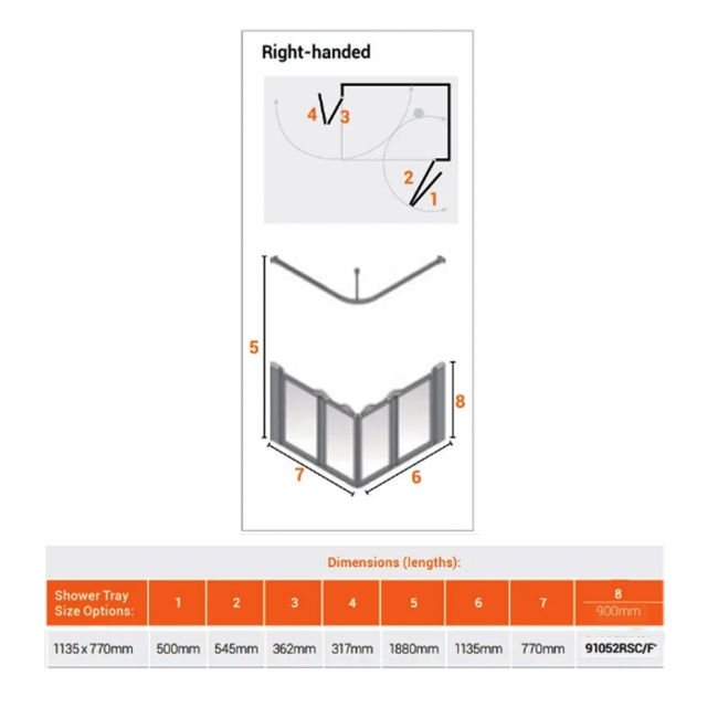 AKW Silverdale Clear Option EW 900 Wet Floor Shower Screen 1135mm x 770mm - Right Handed  | Dimension Image