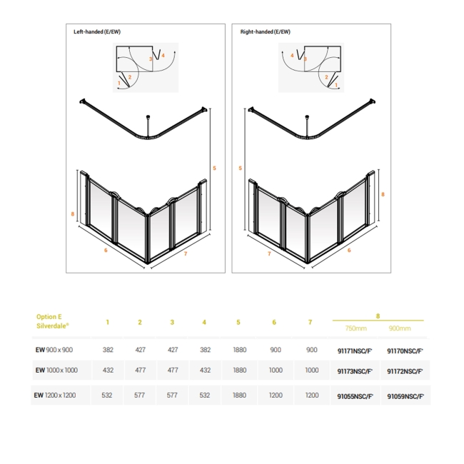 AKW Silverdale Clear Option EW 900 Wet Floor Shower Screen 1000mm x 1000mm  | Dimension Image