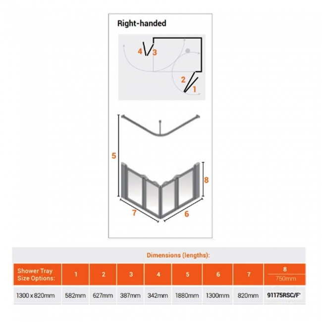 AKW Silverdale Clear Option EW 750 Wet Floor Shower Screen 1300mm x 820mm - Right Handed  | Dimension Image