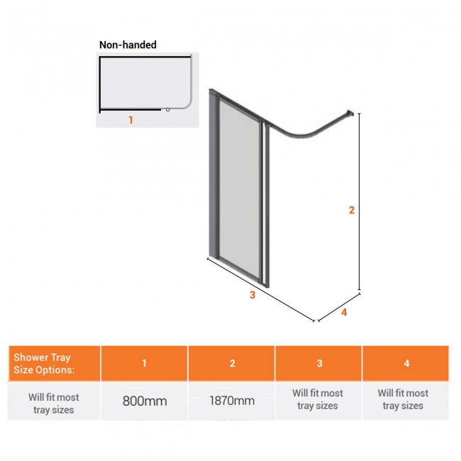 AKW Silverdale Clear Option HFW Wet Floor Shower Screen 800mm Wide  | Dimension Image