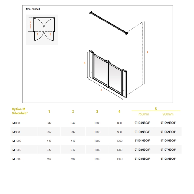 AKW Silverdale Clear Option M 900 Shower Screen 800mm Wide  | Dimension Image