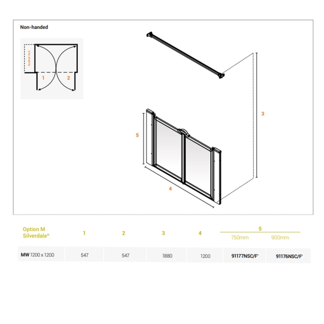 AKW Silverdale Clear Option MW 750 Wet Floor Shower Screen 1200mm Wide  | Dimension Image