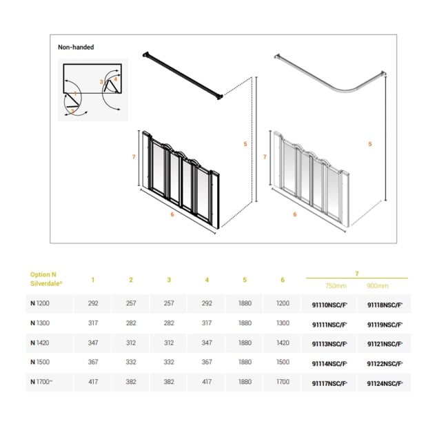 AKW Silverdale Clear Option N 900 Shower Screen 1200mm Wide  | Dimension Image