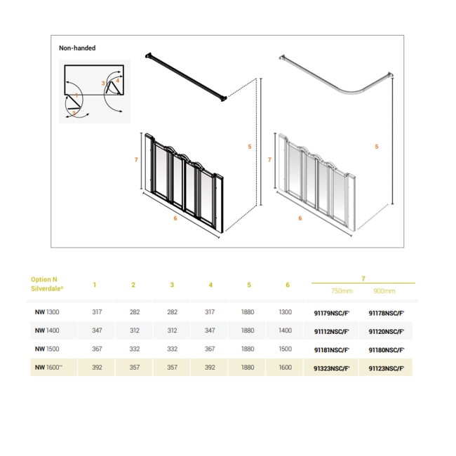 AKW Silverdale Clear Option NW 900 Wet Floor Shower Screen 1600mm Wide  | Dimension Image