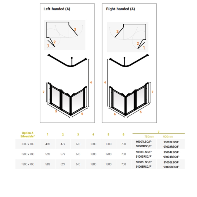 AKW Silverdale Frosted Option A 900 Shower Screen 1200mm x 700mm - Right Handed  | Dimension Image