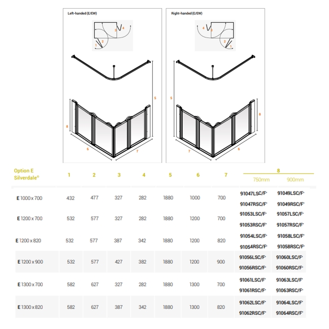 AKW Silverdale Frosted Option E 900 Shower Screen 1000mm x 700mm - Right Handed  | Dimension Image