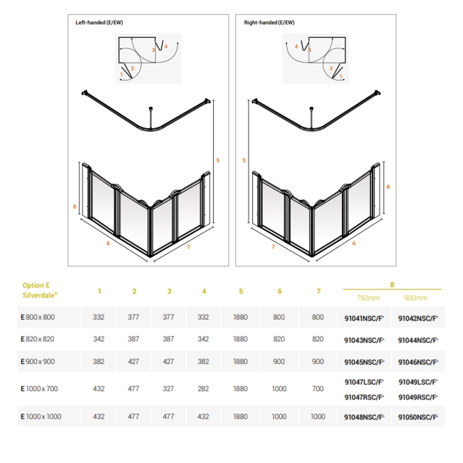 AKW Silverdale Frosted Option E 900 Shower Screen 900mm x 900mm  | Dimension Image