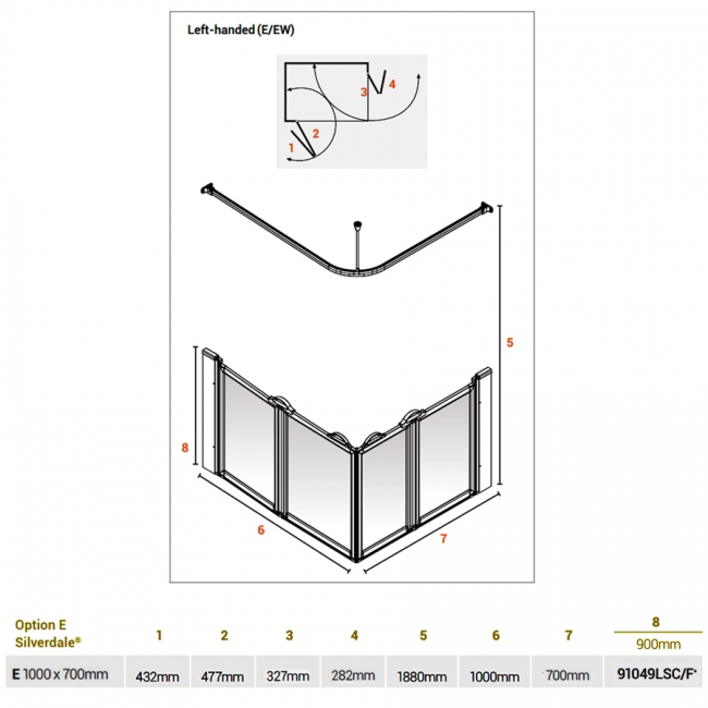 AKW Silverdale Frosted Option E 900 Shower Screen 1000mm x 700mm - Left Handed  | Dimension Image