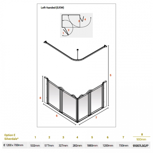 AKW Silverdale Frosted Option E 900 Shower Screen 1200mm x 700mm - Left Handed  | Dimension Image