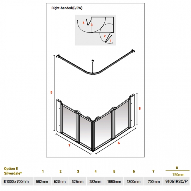 AKW Silverdale Frosted Option E 750 Shower Screen 1300mm x 700mm - Right Handed