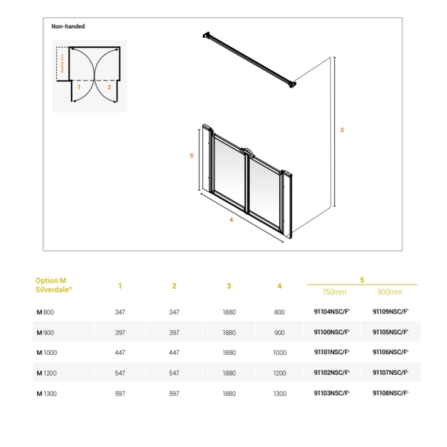 AKW Silverdale Frosted Option M 900 Shower Screen 900mm Wide  | Dimension Image