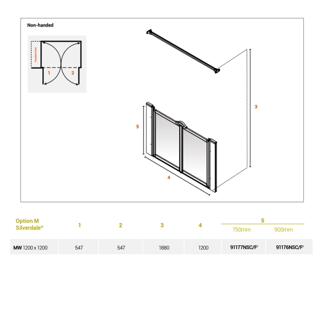 AKW Silverdale Frosted Option MW 900 Wet Floor Shower Screen 1200mm Wide  | Dimension Image