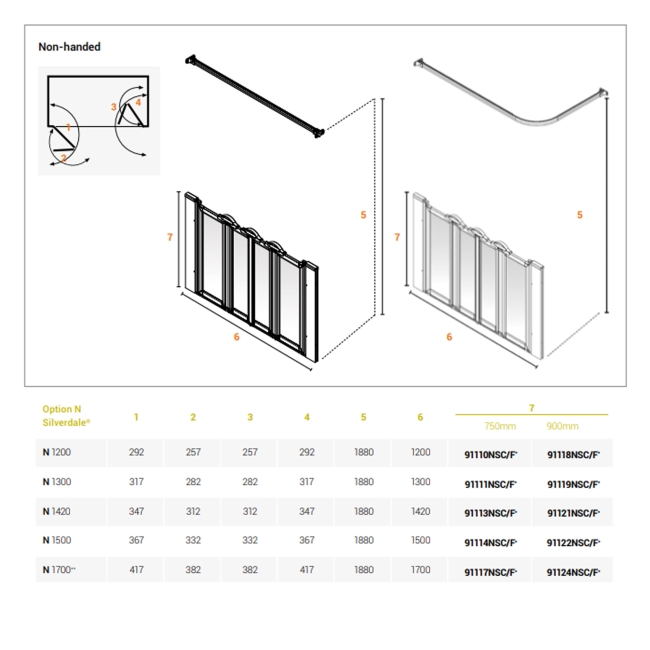 AKW Silverdale Frosted Option N 900 Shower Screen 1700mm Wide  | Dimension Image
