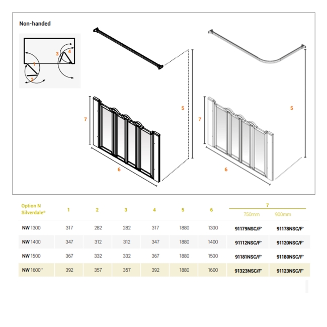 AKW Silverdale Frosted Option NW 750 Wet Floor Shower Screen 1600mm Wide  | Dimension Image